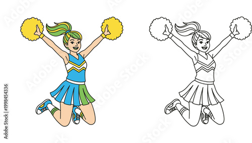 Happy cheerleader girl jumping with pom poms. Colorful cartoon illustration and black and white line art outline for coloring book. Vector isolated on white.