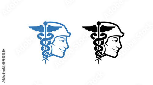 Minimalist Hermes Caduceus Head Logo Set – Greek God Mythology Vector Silhouette for Medical and Commerce Branding