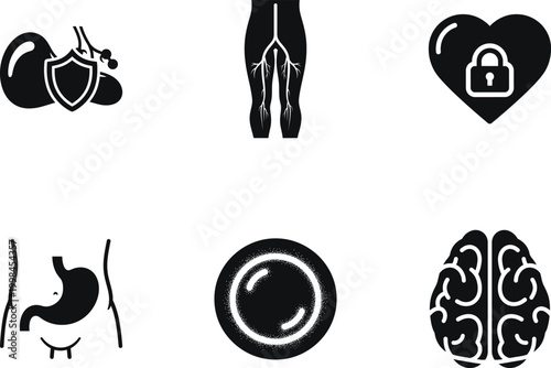 Set of medical icons including liver protection, leg veins, heart health, stomach, cell, and brain