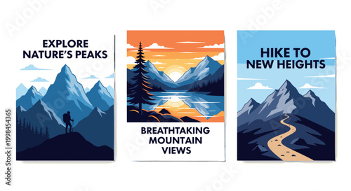 Scenic outdoor postcards showcase majestic mountains, serene lakes, and winding trails under vibrant skies, inviting exploration and adventure with a clean, vector illustration