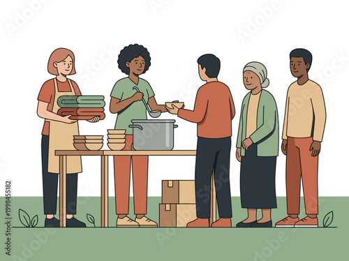 Diverse Volunteers Serving Hot Food and Blankets to People in Need at a Charity Kitchen, Vector Illustration