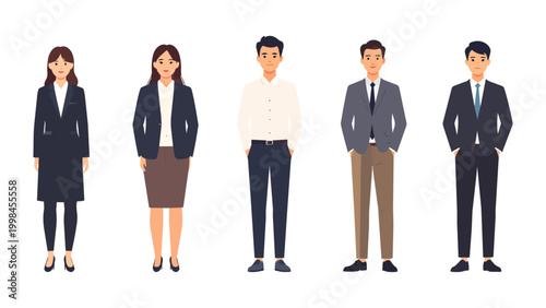 A successful team of professional business people and executive women in suits stand smiling in the office, showcasing leadership and corporate teamwork for a career milestone