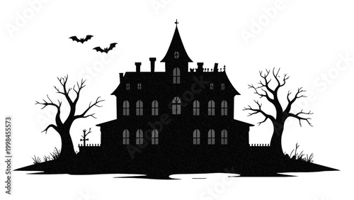 A medieval castle silhouette stands against a black night sky in an old European forest, featuring a gothic cathedral tower and a spooky halloween illustration of a historic stone building