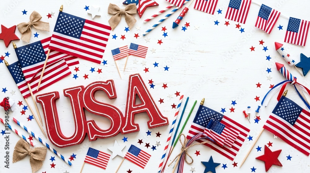 Obraz premium Festive independence day usa celebration patriotic decorations and usa lettering