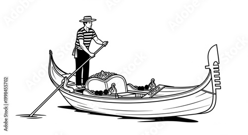 Gondolier in traditional striped shirt poling a gondola in venice graphic line art gondolier transport vacation traditional watercraft maritime nautical outdoors daylight recreation