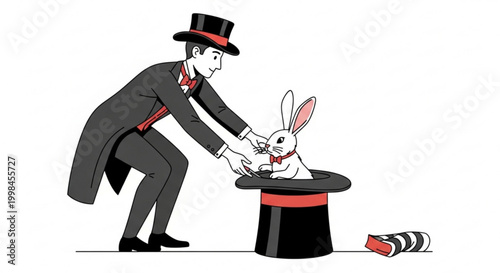 Magician pulling a rabbit out of a top hat line art illustration bow tie performance art magician performance illusion entertainment performing conjurer entertainer gentleman surprise