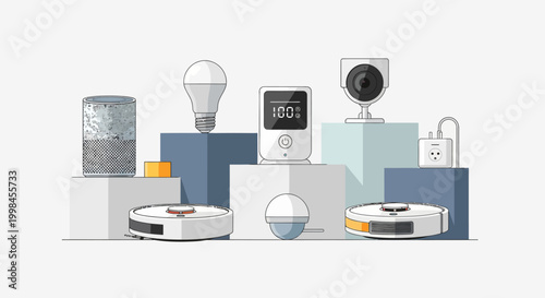 Modern collection of smart home technology and automated IoT devices on a clean background