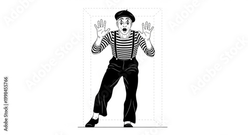 Mime artist trapped in invisible box black and white illustration performer pantomime performance entertainment suspenders illustration isolated background invisible surprised expression
