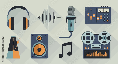 Flat illustration of vintage music production equipment and audio recording tools