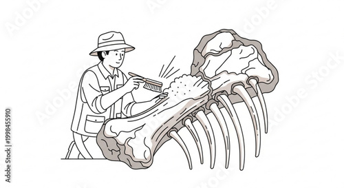 Archaeologist brushing dinosaur fossil skeleton bone with archaeology paleontology dinosaur skeleton excavation discovery prehistoric research scientist archaeologist cleaning clearing