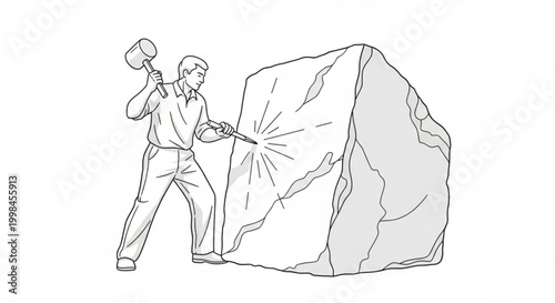 Sculptor carving large stone rock with hammer and chisel artist at work sculptor sculpting creation workshop building monument handicraft material chiseling striking precision creative