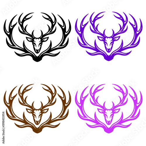 A collection of four stylized deer head logos featuring large majestic antlers in multiple colors perfect for branding hunting clubs outdoor apparel and wildlife nature themed graphic designs