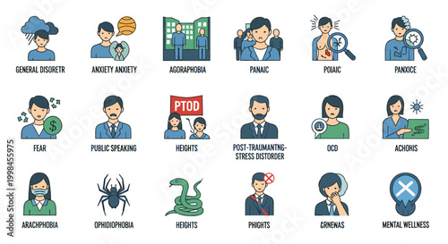 Set of colorful vector illustrations depicting various mental health conditions, including anxiety, phobias, and disorders, designed with clean lines, scalable elements, and a