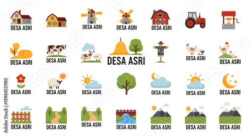Vibrant village icons collection depicting rural life, featuring houses, windmill, barn, tractor, well, haystack, trees, scarecrow, farm animals, sun, moon, clouds, fence, road,