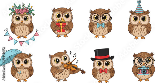 Adorable Cartoon Owl Character Set with Festive Hats, Banners, Gifts, and Accessories for Kids' Illustrations, Stickers, and Digital Designs