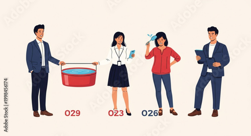 Four Diverse People Posing with Objects and Numbers.