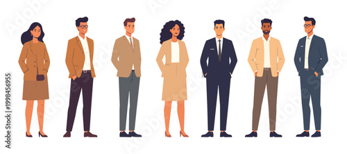 A professional team of business people standing together with a set of brushes for painting a vector concept of success and teamwork in the office