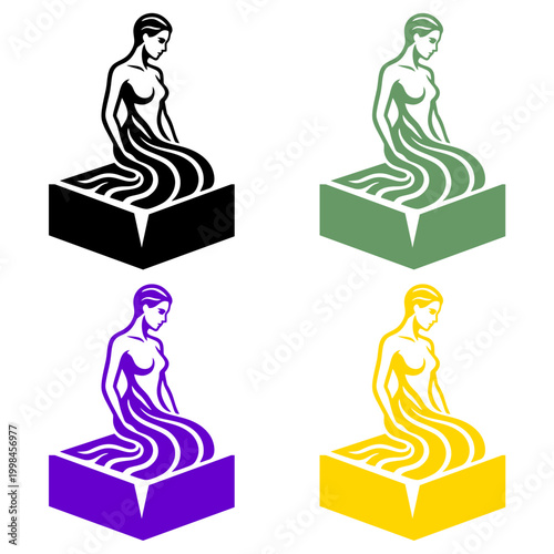 A collection of four stylized female silhouettes sitting on cubes in black green purple and yellow colors ideal for logos spa wellness and beauty branding projects minimalist vector design