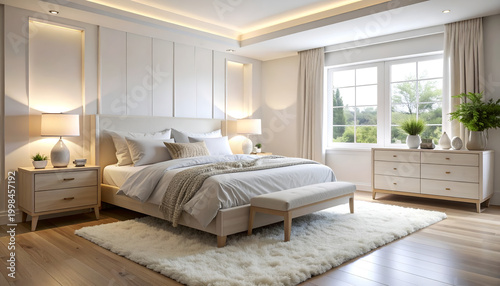 Modern bedroom interior featuring a neutral color scheme soft lighting and a cozy rug