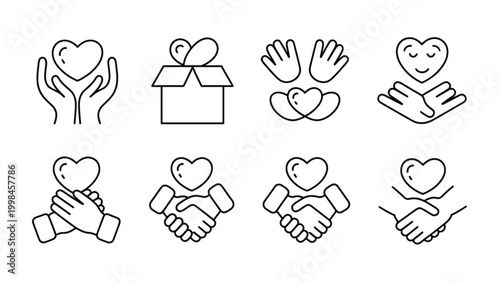 Charity and Kindness Outline Icon Set Altruism, Care, Help and Human Support Symbols