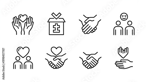 Charity and Kindness Outline Icon Set  Altruism, Care, Help and Human Support Symbols