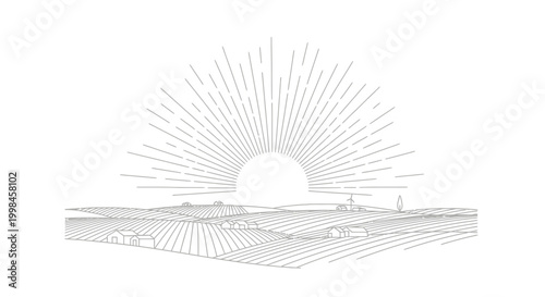 Sunrise over rolling farmland, minimalist line art, dawn over countryside