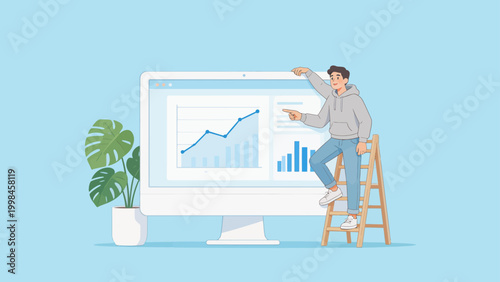 Man on ladder analyzing data on computer