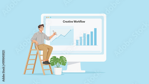 Man on ladder analyzing charts