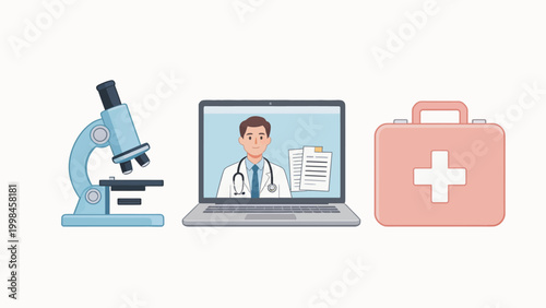 medical tools and doctor on laptop