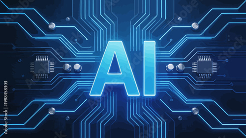 AI circuit board with glowing lines