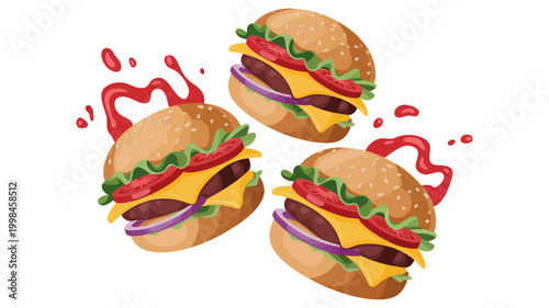 Three delicious cheeseburgers with ketchup splatter cheeseburgers splatter delicious appetizing isolated