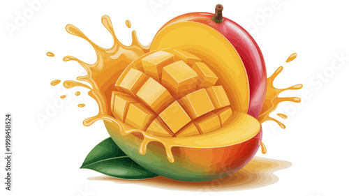 Fresh mango slices splashing in tropical juice with tropical refreshing vitamins illustration isolated
