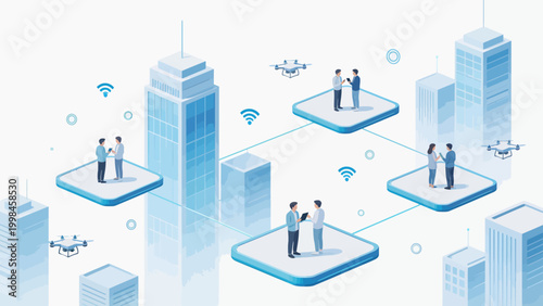Connected people in futuristic city