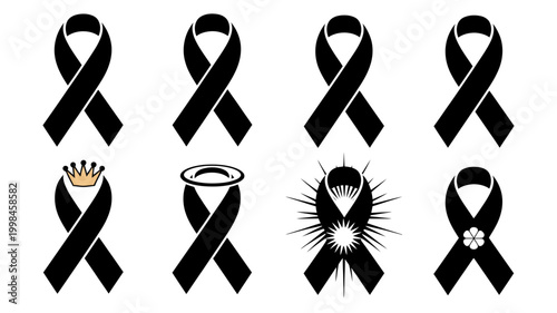 Assortment of black ribbon icons with different embellishments including crown halo rays flower, mourning