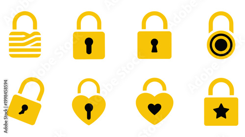 Collection of yellow padlock icons with various shapes and lock mechanisms, including opened and closed