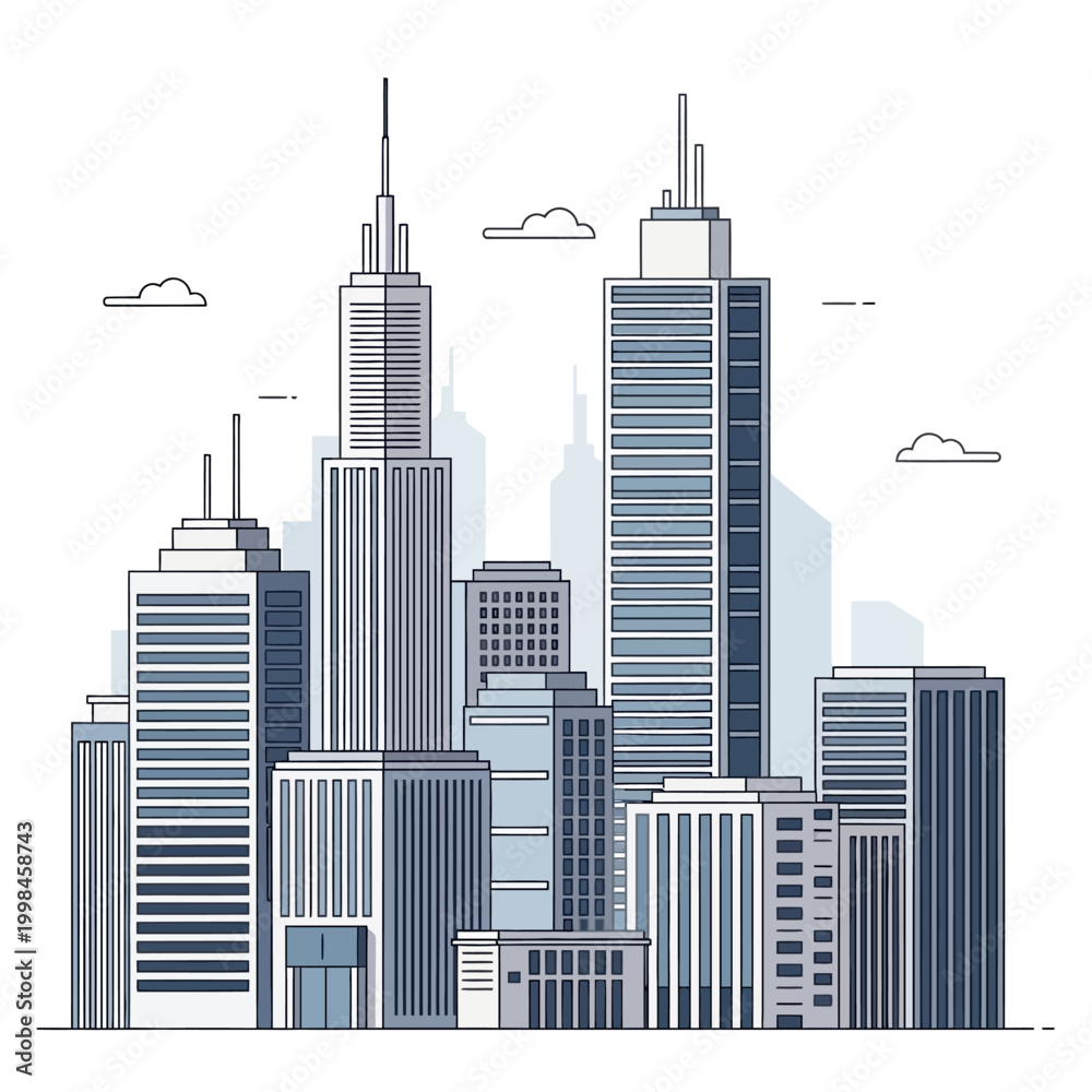 Fototapeta premium Modern Cityscape Skyline Illustration, Tall Buildings, Business District, Urban Architecture
