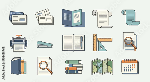 A comprehensive collection of office stationery and educational supplies icons.