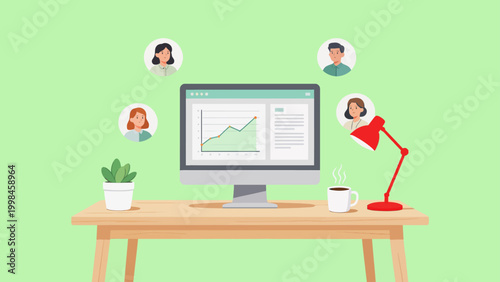 Office desk with computer and people icons