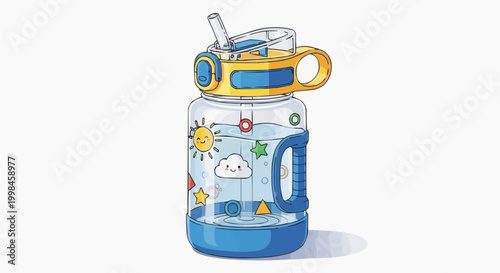 Cute Water Bottle with Colorful Cartoon Design and Straw in white background.