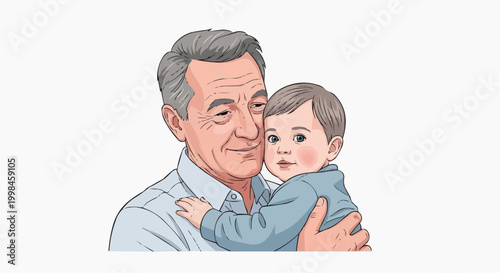 A Grandfather holds his grandson in a heartwarming moment, capturing the bond between generations. The grandfather lovingly holds his grandson in white background.