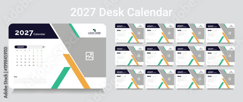 2027 Desk Calendar Design: A visually appealing desk calendar design for the year 2027, featuring a modern and organized layout, each month displayed with style and efficiency.