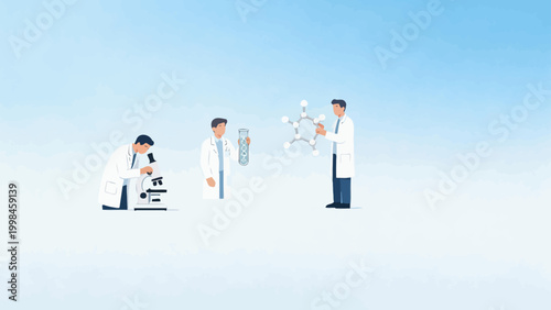 Scientists in lab with microscope and molecule
