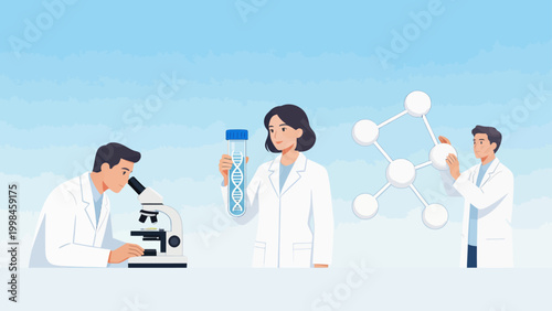 scientists in lab with microscope and dna