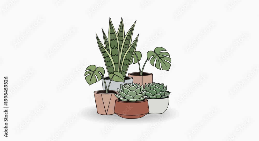 Fototapeta premium A cluster of decorative potted plants, creating a refreshing atmosphere in white background.
