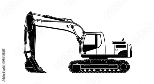 Black and white excavator illustration on white background for industrial use