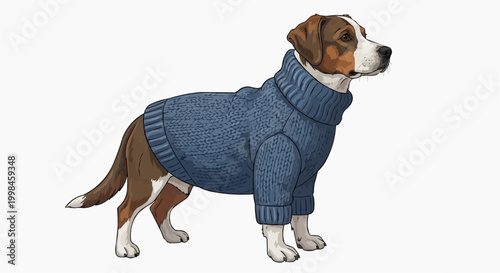Dog in a stylish sweater, looking sharp and comfortable. This image depicts a canine, fashion-forward in its cozy attire in white background.
