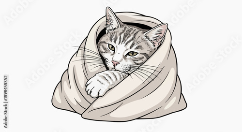 A cute cat wrapped in a cozy blanket, looking snug and content. The cat's fur has a beautiful pattern, with big eyes and a curious expression in white background.
