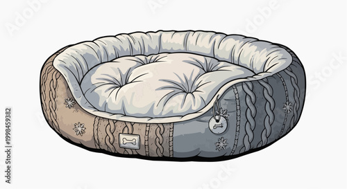 An empty dog bed in an oval shape, ready for the dog to rest. With a soft interior and patterned exterior in white background.