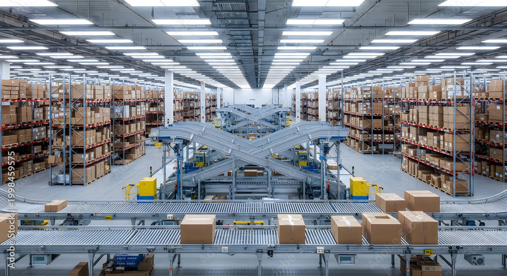 Naklejka premium Automated warehouse with conveyor belts moving cardboard boxes logistics distribution center.