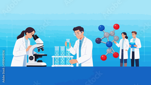 Scientists in lab with microscope and test tubes